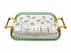 A Murano Bronze Mounted Glass Rope Surround Etched Mirror Serving Tray
Width over handles, 27 1/2 x depth 17 3/4 inches.
