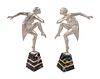 A Pair of Art Deco Silvered Metal Dancers on Marble Bases Signed Janle
Height 16 inches.