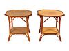 A Pair of Faux Bamboo Painted Side Tables with Rattan Tops, Height 23 x width 22 x depth 22 inches.