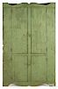 New England painted pine corner cupboard, early 19th c., retaining an old apple green surface