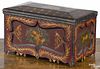 Painted pine and decoupage sewing box, 19th c., with a checkered lid and shaped sunken panels