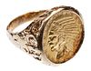 1915 $5 Gold Indian Coin in 14k Yellow Gold Ring Setting