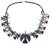 Native American Sterling Silver, Turquoise and Coral Thunderbird Squash Blossom
