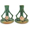 (2 Pc) Roseville Pottery Magnolia Green Candle Holders