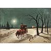 1891 Dated Oil Painting on Canvas of a Horse-Drawn Carriage Travelling by Winter Moonlight through a Snowy Landscape