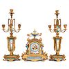 19th C. French Neoclassical Gilt Porcelain Clock Garniture Set