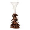 Black Forest Carved Wood Birds Trumpet Vase Cut Glass