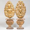 Pair of Continental Baroque Brass RepoussÃ© Floral Sprays, Raised on Later Painted Urn Bases