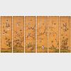 Set of Six Japanese Painted Wallpaper Panels in Faux Bamboo Frames