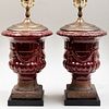 Pair of Red Glazed Stoneware Urn Form Lamps