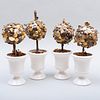 Set of Four Folk Art Button and Finial Topiaries in Porcelain Urns