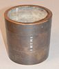Bronze pot center with five inlaid silver swatches, plus two small in each of upper and lower section, height 7 inches, diameter 7 1/4 inches