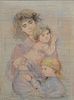 Edna Hibel (American, 1917 - 2015)
"Mother and Two Children"
lithograph and oil on silk, laid down on board
signed lower right Hibel
inscribed lower l