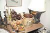 Large Group of Assorted Items 
to include figural wood carved corks; wooden tops; iron coffee grinder; tole tray; brass candlesticks; oil lamp; glass 