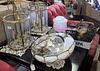 Large group of lighting to include pair of brass and glass hanging lights, leaded glass table lamp (as is), lamp base, Victorian hanging lamp, pair of