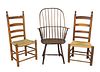 9 Piece Lot to include; 18th century Windsor bowback armchair; two ladderback chairs seat height 16 1/2 inches; three Early Work Tables, with one draw