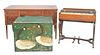 Six piece group to include; 
Mahogany desk with leather top;
Rosewood small piano (not working);
Green painted kindling box;
Mahogany gateleg drop lea