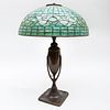Tiffany Studios Patinated Bronze Urn Form Lamp Base and a Leaded Glass 'Acorn' Shade