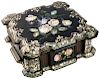 A PAINTED WOOD AND MOTHER OF PEARL SEWING BOX, RETAILED BY A. I. ABRIKOSOV SONS, MOSCOW, LATE 19TH-EARLY 20TH CENTURY