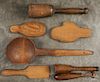 Woodenware, 19th c., to include mitten stretchers, mashers, a ladle, etc.