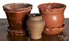 Two redware flowerpots, 20th c., together with a small vase, impressed Hickory, 4'' h.