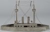 Painted tin and wood battleship model, early 20th c., 12'' h., 19 1/2'' l.