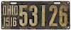 1916 Ohio license plate, 13 1/2'' w.