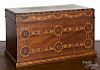 Parquetry inlaid mahogany dresser box, 19th c., with a lift lid and side drawer, 8'' h., 14'' w.
