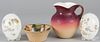 Two painted milk glass Easter eggs, together with an Amberina pitcher, 7 3/4'' h.