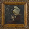 Oil on board of a girl and cat, signed I.A.K. 1886, 6 1/2'' x 6 1/2''.