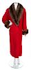 * A Bill Blass Red Long Coat with Fur Trim, Size 10.