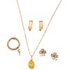CHOKER, MEDAL, RING AND TWO PAIRS OF EARRINGS IN YELLOW, WHITE AND PINK GOLD OF 14K AND 10K Choker with ...