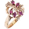   RING WITH RUBIES AND DIAMONDS IN 10K YELLOW GOLD Weight: 3.9 g. Size: 7 ¼ 5 Rubies marquise cut ~ 0.35 ct