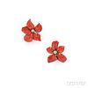 18kt White Gold, Coral, and Diamond Flower Earclips