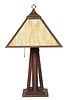 Arts and Crafts Slag Glass and Wood Table Lamp