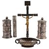 MIXED LOT MEXICO, EARLY 20TH CENTURY Silver and silver metal Consists of containers, center, crucifix and case 9.4 x 5.1" (24 x 13 cm)