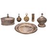 MIXED LOT MEXICO, EARLY 20TH CENTURY Sterling Silver Consists of chrismariums, pair of hostiaries and plate Different models 720 g