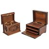 PAIR OF CIGAR BOXES EARLY 20TH CENTURY Carved wood with floral decoration and veneered wood Folding lid 5.1 x 8.2 x 6.2" (13 x 21 x 16 cm)