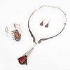A Leo Yazzie Silver and Coral Necklace and Cuff Bracelet Set