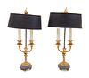 A Pair of Louis XVI Style Gilt Bronze and Marble Two-Light Lamps with TÃ´le Shades