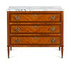 A Louis XVI Style Mahogany and Satinwood Marble-Top Commode