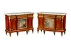 A Pair of Louis XVI Style Gilt Bronze and Porcelain Mounted Marble-Top Cabinets