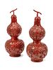 A Pair of Chinese Export Carved Red Lacquer Double Gourd Vases and Covers