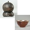 Antique coconut box & silver plate lined bowl