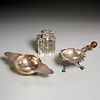Antique silver tea caddy, strainer, and stand
