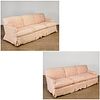 Pair custom damask upholstered sofas