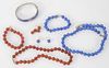 Nine Piece Set, to include lapis necklace; bracelet; pair of earrings; along with lapis bangle bracelet and dark amber color bead necklace, bracelet, 