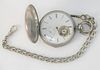 Silver Pocket Watch and Chain, porcelain dial having thermometer and compass (hour hand missing), 57.5 millimeters.