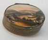 Brass Box with Enameled Top, with train, boat, village, having stone bottom, 1 1/4" x 1 3/4".