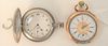 Two Pocket Watches, to include Elgin silver closed face with gold locomotive; along with one silver with gold trim, 46 and 48 millimeters.